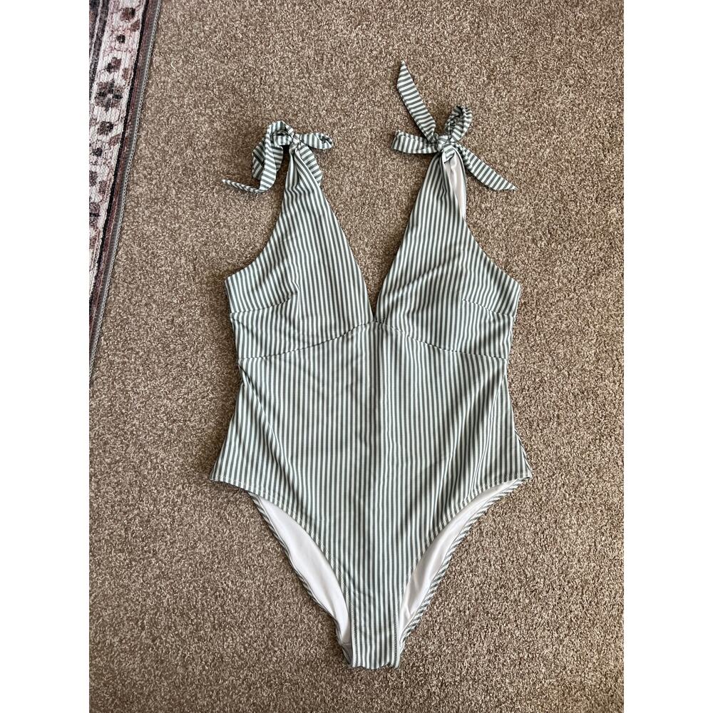 H&M Sage Green Striped One Piece Swimsuit XL Tie Strap Bathing Suit